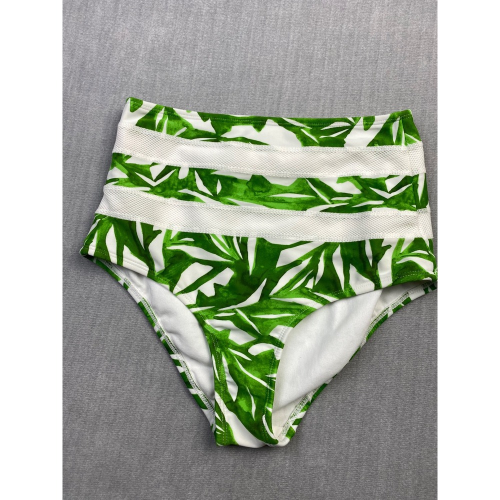 Athleta Womens XS Green White Palm Print High Waist Mesh Bikini Swim Bottoms